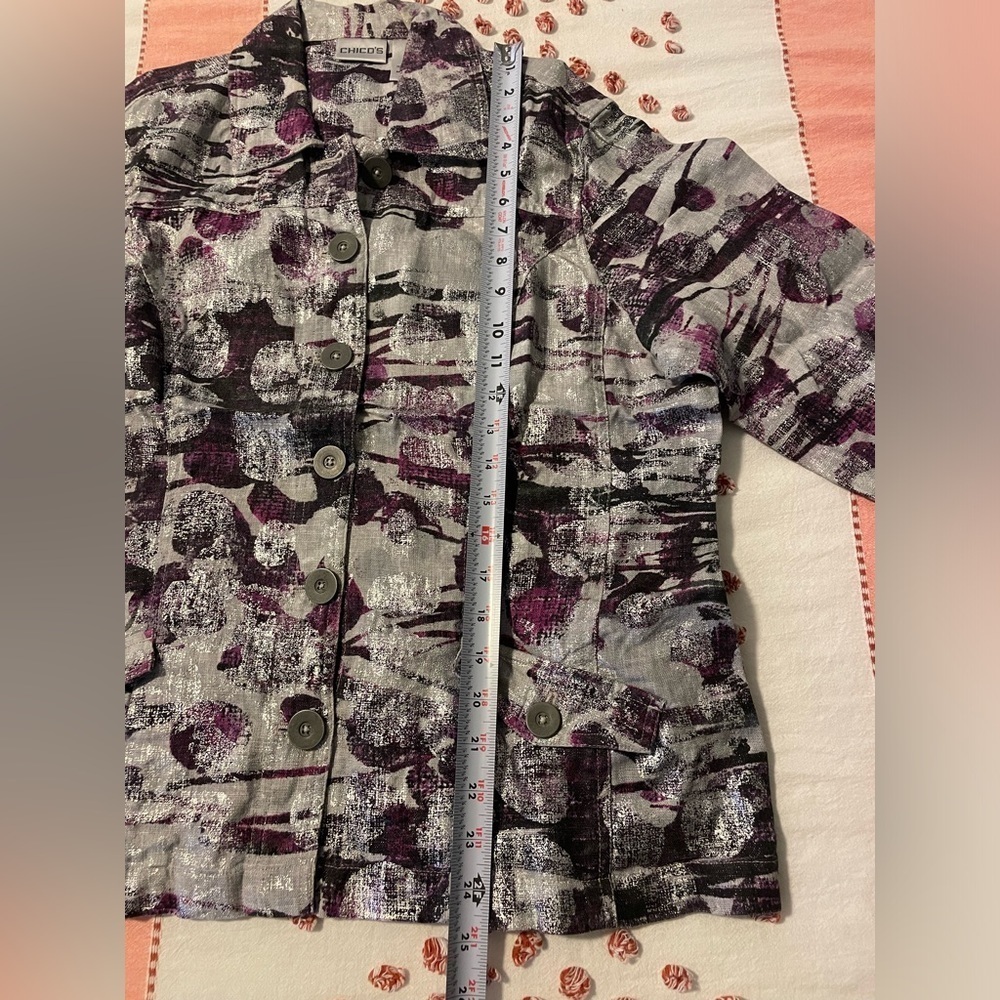 Chicos Women's Size 2 (med) Purple Gray Silver Metallic 100%Linen Jacket Blazer - Picture 15 of 17